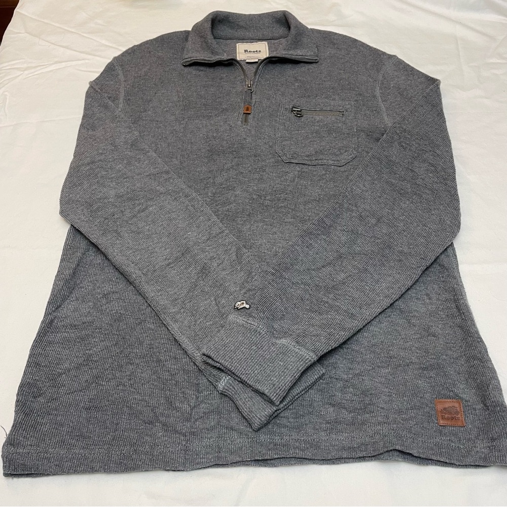 Roots Vintage Heather Grey Quarter Zip Sweater Mens Medium Cotton 80’s Look - Picture 3 of 9